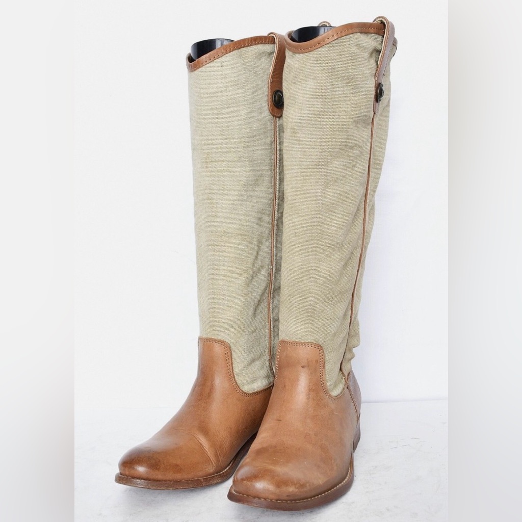 Frye Melissa Button Canvas Leather Tall Riding Leather Tan Boots Womens Sz11